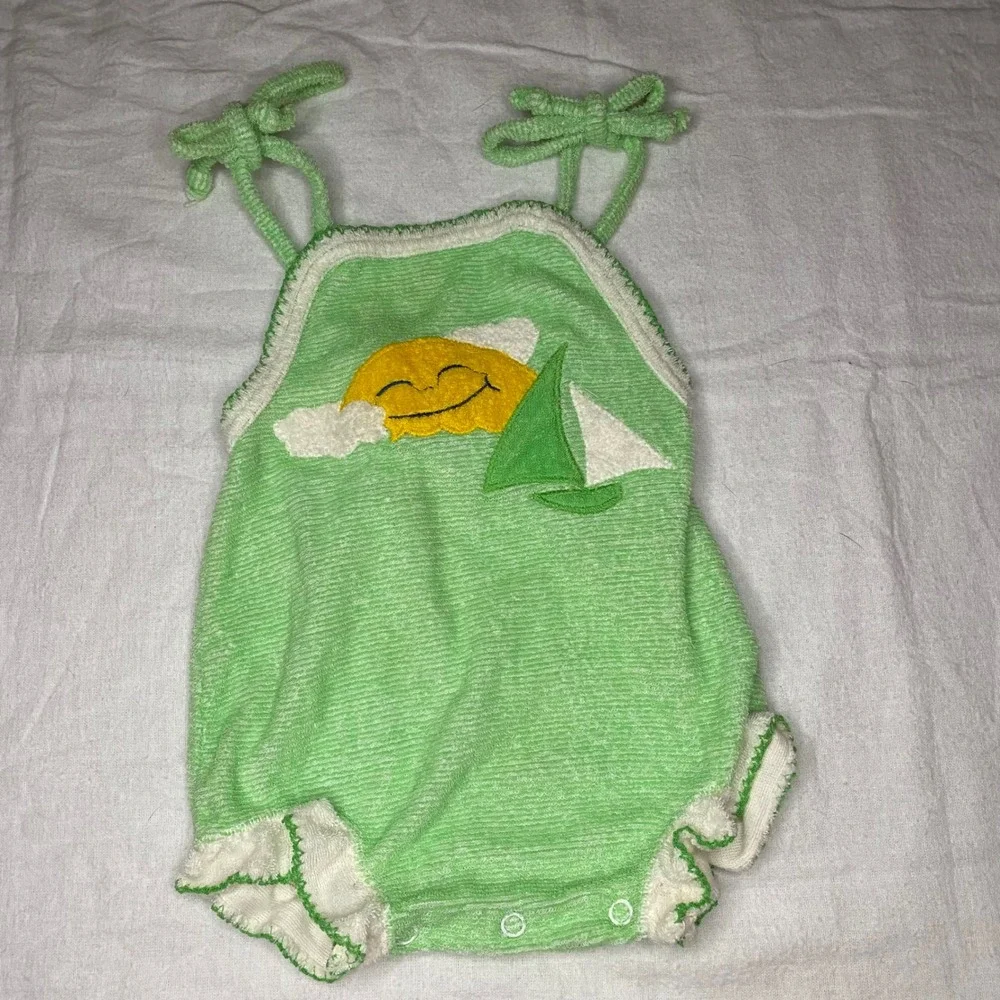 Vintage Carters Baby Romper Green Terry Cloth Sun Sailboat 18 Months 18M 70s 80s